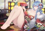  1girl ahoge alcohol ass azur_lane bangs bare_shoulders barefoot blue_hair blush bow breasts calder cleavage closed_mouth collarbone cup feet hair_bow hair_ornament hairpin japanese_clothes kimono knees_up large_breasts leaning_back legs long_hair long_sleeves looking_at_viewer obi off_shoulder purple_eyes red_bow sakazuki sake sash side_ponytail sidelocks sitting smile solo st._louis_(azur_lane) st._louis_(tipsy_snow)_(azur_lane) wide_sleeves 