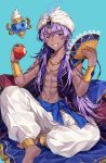  1boy abs absurdres apple arabian_clothes baggy_pants bangs bare_shoulders barefoot blue_background blue_eyes blue_sash bracelet collarbone copyright_request dark_skin earrings fan feathers food fruit full_body ha_youn hat highres holding holding_fan holding_food holding_fruit jewelry long_hair looking_at_viewer male_focus midriff muscle navel pants purple_hair rug sash simple_background sitting sleeveless smile solo turban white_headwear 