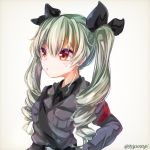  1girl anchovy_(girls_und_panzer) anzio_military_uniform bangs belt black_neckwear black_ribbon black_shirt commentary dress_shirt drill_hair eyebrows_visible_through_hair girls_und_panzer green_hair grey_jacket hair_ribbon jacket long_hair long_sleeves looking_to_the_side military military_uniform necktie parted_lips red_eyes ribbon sam_browne_belt shirt solo sweatdrop twin_drills twintails twitter_username uniform white_background wing_collar yunagi_(arukumaruta) 