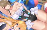  2girls absurdres artist_name ball bare_shoulders beachball blonde_hair blue_eyes breasts brown_hair durandal_(honkai_impact) eyebrows_visible_through_hair frilled_swimsuit frills hair_between_eyes hair_over_one_eye hand_on_own_chest highres honkai_(series) honkai_impact_3rd large_breasts long_hair looking_at_viewer lying maid_headdress mole mole_under_eye multiple_girls noise_paper on_back one-piece_swimsuit parted_lips red_eyes rita_rossweisse short_hair smile solo_focus swimsuit very_long_hair 