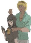  1boy 1girl age_difference blonde_hair book bow_(bhp) dark_skin dark_skinned_male facial_hair glasses hand_on_another&#039;s_shoulder height_difference imminent_sex jitome open_book original school_uniform serafuku stubble white_background 