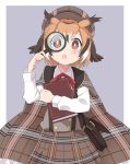  1girl alternate_costume bag blush book bow bowtie brown_eyes brown_hair cape collared_shirt commentary_request cowboy_shot detective eurasian_eagle_owl_(kemono_friends) grey_hair handbag highres holding holding_book ilyfon133 kemono_friends kemono_friends_festival light_brown_hair long_sleeves looking_at_viewer magnifying_glass multicolored_hair plaid plaid_cape plaid_skirt pleated_skirt red_neckwear shirt short_hair skirt solo suspender_skirt suspenders white_shirt 