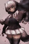  1girl adeshi_(adeshi0693119) animal_ears arm_at_side arm_up badger_ears bangs black_hair buttons dark_skin elbow_gloves eyebrows_visible_through_hair fingerless_gloves floating_hair fur-trimmed_legwear fur_trim gloves grey_eyes grey_hair grin highres jacket jacket_on_shoulders kemono_friends long_hair looking_at_viewer microskirt multicolored_hair partially_unbuttoned pleated_skirt skirt smile solo teeth thighhighs two-tone_hair v-shaped_eyebrows white_skirt wolverine_(kemono_friends) zettai_ryouiki 