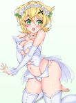  1girl akatsuki_kirika bare_shoulders blonde_hair breasts cleavage cowboy_shot embarrassed flower freedom green_eyes groin hair_flower hair_ornament highres looking_to_the_side medium_breasts navel open_mouth panties revealing_clothes senki_zesshou_symphogear shiny shiny_hair shiny_skin short_hair solo thighhighs underwear white_legwear white_panties x_hair_ornament 