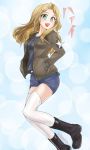  1girl :d abimaru_gup black_footwear black_shirt blonde_hair blue_background blue_eyes blue_shorts blurry bokeh boots brown_jacket commentary denim denim_shorts depth_of_field emblem floating girls_und_panzer hair_intakes hands_in_pockets highres jacket kay_(girls_und_panzer) long_hair long_sleeves looking_at_viewer military military_uniform open_clothes open_jacket open_mouth saunders_military_uniform shirt short_shorts shorts smile solo star thighhighs translated twitter_username uniform white_legwear 