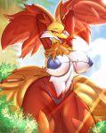  anthro bikini blush canid canine clothing delphox detailed_background female fur kyodashiro mammal navel nintendo pok&eacute;mon pok&eacute;mon_(species) red_body red_fur solo standing swimwear video_games yellow_body yellow_fur 