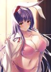  1girl absurdres animal_ears bangs blush bra breasts bunny_ears cleavage collarbone commentary_request groin hands_up highres large_breasts liya long_hair long_sleeves looking_at_viewer navel open_clothes open_shirt panties pink_bra pink_panties purple_hair red_eyes reisen_udongein_inaba shirt side-tie_panties sidelocks smile solo stomach touhou underwear upper_body very_long_hair white_shirt 