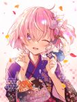  1girl bangs blush breasts commentary_request eyebrows_visible_through_hair fate_(series) floral_print flower fou_(fate/grand_order) hair_flower hair_ornament hair_over_one_eye highres japanese_clothes kimono large_breasts looking_at_viewer mash_kyrielight one_eye_closed open_mouth pink_flower purple_eyes purple_hair purple_kimono short_hair smile solo wasa_(pixiv29582664) 