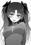  1girl absurdres arms_behind_back bangs blush bow breasts eyebrows_visible_through_hair fate/stay_night fate_(series) greyscale hair_bow highres kyokucho long_hair looking_at_viewer medium_breasts monochrome open_mouth parted_bangs simple_background solo sweater tearing_up tears toosaka_rin two_side_up upper_teeth v-shaped_eyebrows white_background 