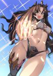  1girl armlet bangs bare_shoulders black_hair blush breasts cowboy_shot crown dutch_angle earrings fate/grand_order fate_(series) finger_gun gradient gradient_background hair_ribbon hoop_earrings ishtar_(fate)_(all) ishtar_(fate/grand_order) jewelry long_hair looking_at_viewer medium_breasts navel parted_bangs pointing red_eyes ribbon shayo single_thighhigh smile solo thighhighs two_side_up 