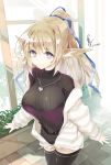  1girl animal_ears bangs belt black_legwear blonde_hair blue_eyes breasts cowboy_shot dress eyebrows_visible_through_hair jacket jewelry large_breasts looking_at_viewer necklace open_clothes open_jacket original ponytail smile solo sweater sweater_dress thighhighs won_(az_hybrid) 