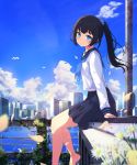  1girl absurdres bare_legs barefoot bird black_hair black_sailor_collar black_skirt blue_bow blue_eyes blue_neckwear blue_sky blush bow city closed_mouth cloud daisy day flower foot_dangle from_side hair_bow highres keis_(locrian1357) long_hair long_sleeves looking_at_viewer neckerchief original outdoors petals ponytail railing ringed_eyes sailor_collar school_uniform seagull serafuku shirt sitting skirt sky skyline smile solo water white_flower white_shirt 