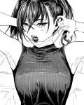  1girl armpits arms_up bed_sheet blush greyscale hair_between_eyes hatching_(texture) idolmaster kimidake mole mole_under_eye monochrome mouth sharp_teeth solo sunazuka_akira surgical_mask sweater teeth tongue twintails 