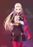  1girl black_dress crossed_arms dress edelgard_von_hresvelg fire_emblem fire_emblem:_three_houses gloves hair_intakes hair_ribbon kirishima_satoshi legs_together long_hair long_sleeves looking_at_viewer pantyhose purple_eyes purple_ribbon red_legwear ribbon short_dress silver_hair solo straight_hair twitter_username very_long_hair white_gloves 