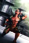  1boy belt_pouch bodysuit chromatic_aberration deadpool highres katana kibiko_sato leg_belt looking_up male_focus marvel mask one_knee pouch screentones solo sword weapon weapon_on_back 