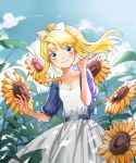  1girl arms_at_sides backlighting blonde_hair blue_eyes blue_jacket blue_sky blurry blush breasts cleavage clenched_teeth cloud cloudy_sky collarbone commentary dappled_sunlight day depth_of_field dress earrings eyebrows_visible_through_hair eyes_visible_through_hair field fingernails floating_hair flower flower_field fullmetal_alchemist graphite_(medium) hair_ribbon hand_in_hair hands_up high_ponytail highres jacket jewelry kokoro_(worinigemu1996) leaf leaning leaning_to_the_side light_particles medium_breasts nature outdoors ponytail puffy_short_sleeves puffy_sleeves ribbon shiny shiny_hair short_sleeves sidelocks sky solo strapless strapless_dress sunflower sunlight teeth traditional_media watercolor_pencil_(medium) white_dress white_ribbon winry_rockbell yellow_flower 