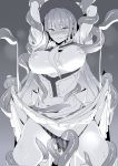  absurdres blush bound breasts highres hinanawi_tenshi large_breasts long_hair monochrome neropaso open_clothes open_shirt skirt skirt_lift tentacles tentacles_under_clothes touhou 