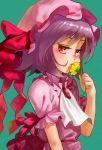  1girl ascot bangs blush brooch flower green_background hand_up hat hat_ribbon holding holding_flower jewelry looking_at_viewer mob_cap no_wings pink_headwear puffy_short_sleeves puffy_sleeves purple_hair red_eyes red_ribbon remilia_scarlet ribbon short_hair short_sleeves sidelocks smelling smelling_flower solo touhou upper_body user_pcug8845 yellow_flower 