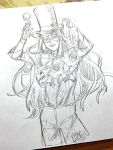  1boy cravat glasses gloves graphite_(medium) hat highres himawari_kappa male_focus open_mouth photo poke_ball pokemon pokemon_(game) pokemon_swsh round_eyewear savory_(pokemon) shorts single_glove solo top_hat traditional_media 