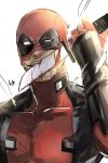  1boy blood bloody_weapon bodysuit deadpool facial_hair highres kibiko_sato licking licking_weapon male_focus marvel mask mask_on_head reverse_grip solo stubble superhero weapon 