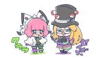  1boy 1girl asymmetrical_legwear blonde_hair blush_stickers bob_cut bow character_name chibi finger_to_mouth hair_bow hat hoshizora_(yozora) kurara_(pokemon) mole mole_under_eye mole_under_mouth pink_hair poke_ball poke_ball_(generic) pokemon pokemon_(game) pokemon_swsh savory_(pokemon) short_hair shorts smile top_hat triangle_mouth 