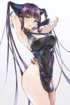  1girl armpits arms_behind_head arms_up bangs blue_eyes breasts cleavage cleavage_cutout commentary_request dress fate/grand_order fate_(series) fur_trim hair_ornament highres hitaki_yuu large_breasts long_hair looking_at_another looking_at_viewer no_panties open_mouth pelvic_curtain purple_hair short_dress simple_background sleeveless solo thighs tied_hair white_background yang_guifei_(fate/grand_order) 