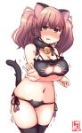  1girl alternate_costume animal_ears artist_logo atlanta_(kantai_collection) bell bell_choker black_bra black_legwear black_panties bra breasts brown_hair cat_cutout cat_ear_panties cat_ears cat_lingerie cat_tail choker cleavage cleavage_cutout commentary_request dated embarrassed frilled_bra frills grey_eyes highres jingle_bell kanon_(kurogane_knights) kantai_collection large_breasts long_hair looking_at_viewer meme_attire panties side-tie_panties simple_background solo tail thighhighs trembling twintails underwear underwear_only white_background 