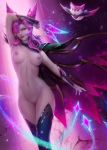  1girl absurdres arm_up bird boots breasts cape feathers highres league_of_legends lipstick long_hair magic makeup paid_reward patreon_reward pink_eyes pink_hair solo star_guardian_(league_of_legends) thigh_boots thighhighs xayah zarory 