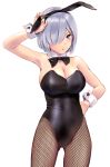  1girl animal_ears bare_shoulders black_neckwear blue_eyes breasts bunny_ears bunnysuit cleavage detached_collar fishnets grey_hair hair_over_one_eye hamakaze_(kantai_collection) hand_in_hair hand_on_hip highres kantai_collection large_breasts pantyhose short_hair solo thighs wa_(genryusui) white_background wrist_cuffs 