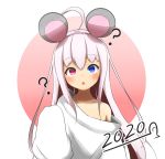 1girl 2020 ? absurdres ahoge animal_ears bare_shoulders blue_eyes blush chestnut_mouth chinese_zodiac collarbone commentary_request fang hairband heterochromia highres idaten93 long_hair long_sleeves looking_at_viewer mouse_ears off_shoulder open_mouth original oversized_clothes oversized_shirt pink_background pink_hair pink_hairband red_eyes ruua_(idaten93) shirt sleeves_past_fingers sleeves_past_wrists solo two-tone_background upper_body white_background white_shirt year_of_the_rat 