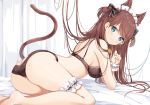 1girl animal_ears ass bare_shoulders barefoot black_bow black_bra black_panties blue_eyes bow bra breasts brown_hair cat_ears cat_girl cat_tail commentary_request hair_bow headdress highres leg_garter long_hair looking_at_viewer looking_to_the_side medium_breasts mole_on_ass original panties solo tail tail_raised underwear underwear_only wrist_cuffs yuzu-aki 