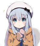  1girl :o aqua_eyes bangs beret black_bow blush bow brown_jacket brown_mittens commentary_request eyebrows_visible_through_hair gochuumon_wa_usagi_desu_ka? hair_between_eyes hair_ornament hat highres hood hood_down hooded_jacket houjichaoic jacket kafuu_chino long_hair long_sleeves looking_at_viewer mittens parted_lips shadow shirt silver_hair solo upper_body white_background white_headwear white_shirt x_hair_ornament 