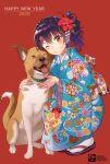  1girl 2020 ;d artist_logo bangs bell blue_kimono blush braid buckle collar commentary_request crown_braid dog eyebrows_visible_through_hair floral_print flower full_body geta grin hair_flower hair_ornament hairclip happy_new_year hibiscus highres hug japanese_clothes jingle_bell kimono looking_at_viewer new_year one_eye_closed open_mouth original pairan print_kimono purple_hair red_background red_eyes red_flower short_sleeves side_ponytail simple_background smile solo squatting tabi teeth tongue tongue_out wavy_hair white_legwear yukata 