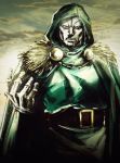  1boy arm_up armor belt cape doctor_doom fur_trim hood hood_up kibiko_sato male_focus marvel mask solo tunic 