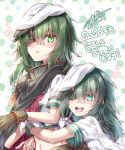  2girls :d aiguillette bangs blush bracelet brown_gloves cape commentary_request dated dual_persona eyebrows_visible_through_hair eyepatch gloves green_eyes green_hair green_sailor_collar hair_between_eyes hat heart hug hug_from_behind jewelry kantai_collection kiso_(kantai_collection) medium_hair midriff military military_uniform multiple_girls naval_uniform navel neckerchief open_mouth parted_lips pauldrons polka_dot polka_dot_background red_neckwear remodel_(kantai_collection) sailor_collar sailor_hat school_uniform serafuku short_sleeves sidelocks signature smile translation_request uniform upper_body upper_teeth white_background white_serafuku yuihira_asu 