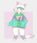  2019 3_toes 5_fingers 7/11 :3 ahoge anthro claws clothed clothing digital_media_(artwork) dipstick_tail eyelashes felid feline female fingers full-length_portrait fur green_clothing grey_body grey_fur hair hand_in_pocket hi_res jacket leg_warmers legwear logo mammal multicolored_tail pink_background pink_eyes pink_nose pockets portrait robosylveon shirt simple_background solo standing sweatband toes topwear white_background white_hair 