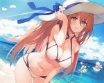  4girls absurdres alternate_costume bare_shoulders beach bikini blue_sky breasts brown_hair cleavage condensation_trail cowboy_shot day dutch_angle five-seven_(girls_frontline) girls_frontline green_eyes hair_between_eyes halterneck hand_on_headwear hat hat_ribbon highres large_breasts long_hair m1903_springfield_(girls_frontline) m1_garand_(girls_frontline) multi-strapped_bikini multiple_girls navel ntw-20_(girls_frontline) o-ring o-ring_bikini o-ring_top official_art open_mouth petals ribbon scan sky solo_focus suisai sun_hat swimsuit white_swimsuit 