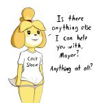  animal_crossing canid canine canis clothing domestic_dog female isabelle_(animal_crossing) kierus mammal nintendo panties panties_down shirt simple_background smile solo text topwear underwear video_games white_background 