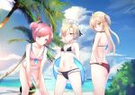  3girls admiral_hipper_(azur_lane) ahoge azur_lane bangs bare_arms bare_legs bare_shoulders beach bikini black_bikini blonde_hair braid braided_bun breasts butt_crack closed_mouth cloud collarbone commentary_request day double_bun expressionless flat_chest frilled_bikini frills front-tie_bikini front-tie_top green_eyes hair_between_eyes hair_over_one_eye hands_on_hips highres innertube ka11_ca leaning_forward looking_at_viewer maid_headdress medium_breasts medium_hair multiple_girls navel ocean outdoors palm_tree pink_bikini pink_eyes pink_hair red_bikini sand saratoga_(azur_lane) sheffield_(azur_lane) short_hair shoulder_blades small_breasts smile stomach swept_bangs swimsuit tree two_side_up yellow_eyes 