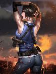  1girl arms_behind_head ass bare_shoulders belt belt_pouch black_gloves black_hair blood bloody_clothes blurry blurry_background breasts cloud cloudy_sky denim depth_of_field embers fingerless_gloves from_behind gloves gun handgun hands_in_hair highres injury jeans jill_valentine liang_xing looking_at_viewer looking_back medium_breasts outdoors pants parted_lips pouch resident_evil short_hair signature sky solo tank_top tight tight_pants weapon weapon_request 