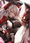  1girl antenna_hair ass azur_lane bangs black_gloves black_legwear breasts commentary_request double-breasted dress dyolf eyebrows_visible_through_hair finger_to_mouth garter_straps gloves grey_dress headgear highres large_breasts legs_up long_hair long_sleeves looking_at_viewer machinery military military_uniform mole mole_on_breast orange_eyes panties pantyshot pantyshot_(sitting) prinz_eugen_(azur_lane) red_hair short_dress sideboob silver_hair sitting solo swept_bangs thighhighs underwear uniform very_long_hair 