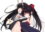 2girls :q agano_(azur_lane) ahoge azur_lane bare_shoulders black_eyes black_hair black_shirt bow breasts commentary_request gradient hair_bow hug hug_from_behind large_breasts long_hair multiple_girls navel neckerchief noshiro_(azur_lane) off_shoulder oni_horns ponytail red_eyes sailor_collar schreibe_shura shirt simple_background stomach tongue tongue_out upper_body white_background wide_sleeves 