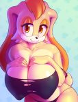  2017 anthro big_breasts breasts cleavage clothed clothing female hair hand_on_breast hanging_breasts huge_breasts lagomorph leporid long_ears looking_at_viewer mammal mature_female nipple_outline nitro orange_hair rabbit smile solo sonic_the_hedgehog_(series) torn_clothing vanilla_the_rabbit 