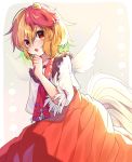  1girl :o animal animal_on_head bangs beige_background bird blonde_hair blush border chick commentary cowboy_shot eyebrows_visible_through_hair feathered_wings frilled_shirt_collar frills hair_between_eyes hand_on_own_chin hand_up highres looking_at_viewer multicolored_hair niwatari_kutaka on_head open_mouth orange_skirt outside_border red_eyes red_hair renka_(sutegoma25) shirt short_hair short_sleeves simple_background skirt solo tail_feathers touhou two-tone_hair white_border white_shirt wings 