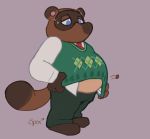  2020 animal_crossing anthro belly bodily_fluids bottomwear brown_body brown_fur canid canine clothing fur humanoid_hands male mammal nintendo overweight overweight_male pants raccoon_dog shirt simple_background solo spectral-bat sweat tanuki tom_nook_(animal_crossing) topwear video_games 