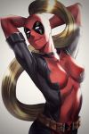  1girl arms_up belt blonde_hair bodysuit breasts highres impossible_bodysuit impossible_clothes kibiko_sato lady_deadpool long_hair looking_at_viewer marvel mask skin_tight solo very_long_hair wanda_wilson 