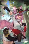  animal_ears bag bangs black_gloves brown_bag commentary fangs fox_ears fox_girl frog glasses gloves hair_between_eyes hat long_hair long_sleeves looking_at_viewer original outdoors pencil_skirt pink_hair red_eyes red_headwear skirt unsomnus white_headwear white_skirt witch 