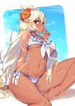  1girl absurdres ahoge arm_at_side arm_support bare_legs barefoot bikini breasts dark_skin eyebrows_visible_through_hair flower food front-tie_bikini front-tie_top fruit granblue_fantasy hair_between_eyes hair_flower hair_ornament hand_up hibiscus highres hip_focus hong_(white_spider) huge_filesize large_breasts lips long_hair looking_at_viewer mouth_hold nail_polish navel outside_border paid_reward patreon_reward pink_nails red_eyes side-tie_bikini sitting solo strawberry swimsuit thick_thighs thighs underboob very_long_hair wet wet_clothes wet_swimsuit white_bikini white_hair wide_hips yokozuwari zooey_(granblue_fantasy) 