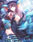  1girl bangs bare_shoulders blue_dress blue_eyes blue_fire blue_gloves blue_headwear blue_legwear blunt_bangs breasts byuura_(sonofelice) center_opening dress elbow_gloves fate/grand_order fate_(series) fire fish floral_print gloves hair_ornament hand_in_hair kneeling large_breasts leaf_hair_ornament long_hair looking_at_viewer parted_lips purple_hair sash solo sparkle thighhighs thighs very_long_hair yang_guifei_(fate/grand_order) 