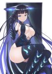  1girl bangs bare_shoulders black_background black_dress black_gloves black_hair black_headwear black_legwear blue_eyes blunt_bangs border breasts center_opening closed_mouth dress elbow_gloves fate/grand_order fate_(series) gloves hair_ornament hand_in_hair large_breasts leaf_hair_ornament long_hair looking_at_viewer smile solo thighhighs thighs very_long_hair white_border yang_guifei_(fate/grand_order) yuzuruka_(bougainvillea) 